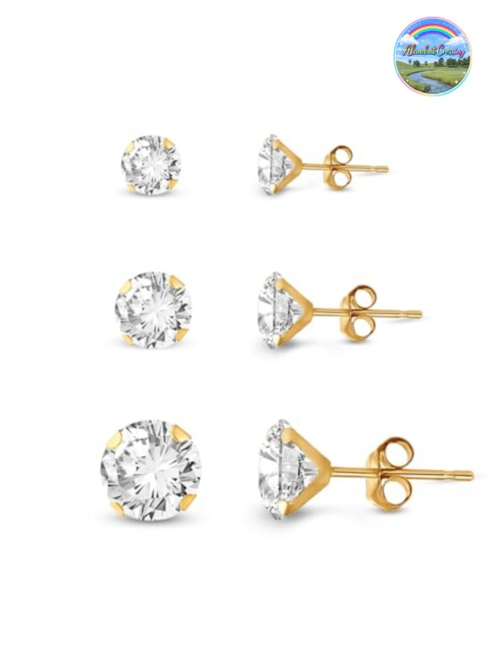 10K Gold CZ Stud Earrings Set 3 Pair Round Push Back Gift